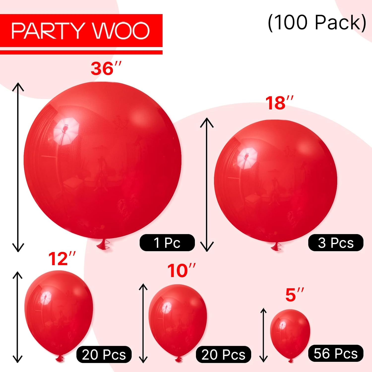 PartyWoo Red Balloons - 100 Pcs Matte Latex Balloons in Various Sizes for Party Decor | Perfect for Garlands & Arches