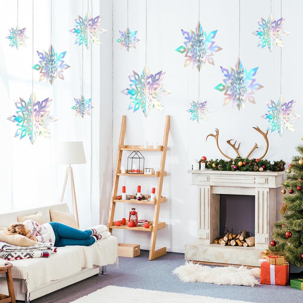 Skiennix 12PCS 3D Hanging Snowflake Decorations - Glitter Holographic Silver Ornaments for Winter Wonderland Holiday Decor