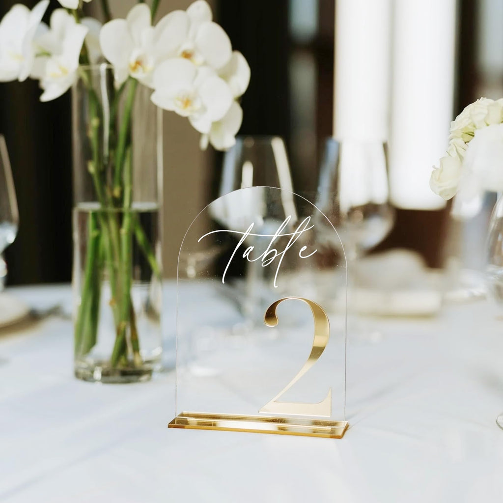 HOODO Clear Arch Wedding table numbers 1-20 with Stands, 5"x7" Arched Acrylic Signs with Gold Mirror Numbers, Clear and Gold Acrylic Table Numbers for Wedding Reception, Party, Anniversary, Event