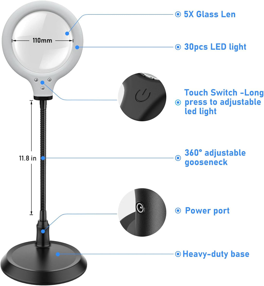 Skiennix 5X Magnifying Glass with Light - Dimmable Hands-Free Magnifier for Reading & Crafts