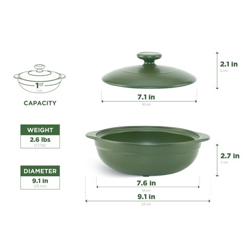 MINH LONG 1-Qt Porcelain Dutch Oven with Lid – Lead & Cadmium Free, Oven Safe to 482°F, Heat Retention, Clay Pot for Cooking on Gas & Infrared Cooktop, Use to Marinate, Cook, Bake, Refrigerate & Serve