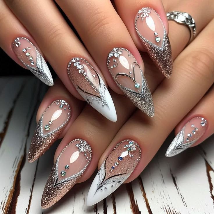 Guroenky 5D Embossed Rhinestone Nail Stickers, Silver Heart French Tip Decals