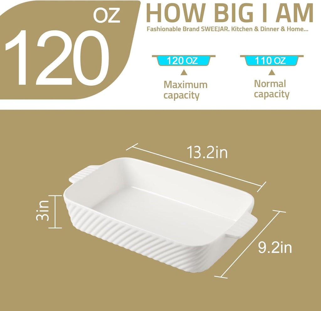 Sweejar Ceramic Baking Pan - 13 x 9 Porcelain Dish for Brownies & Lasagna | Oven Safe with Handle (White)