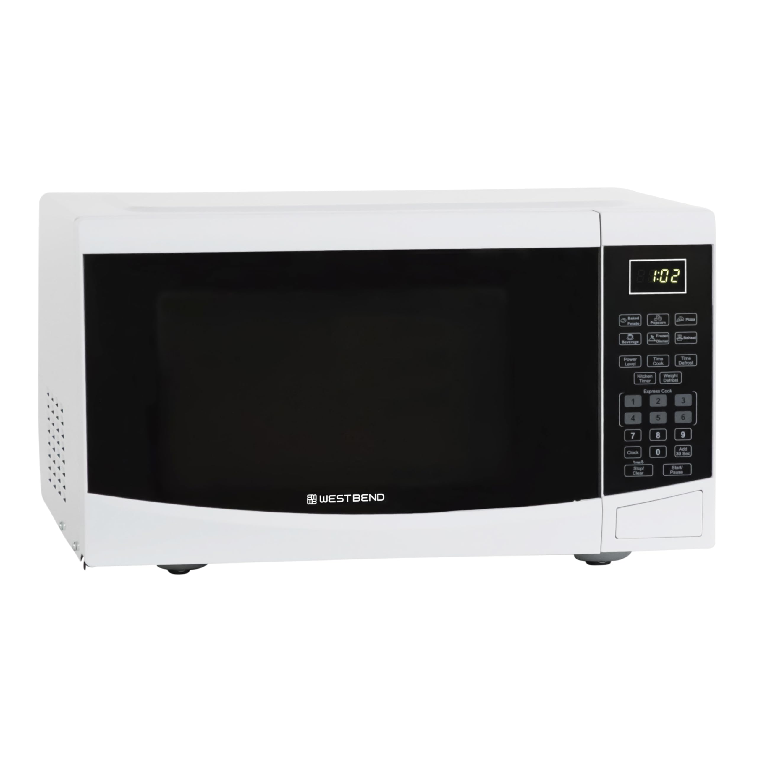 West Bend Microwave Oven 900-Watts Compact with 6 Pre-Set Cooking Settings, Speed Defrost, Electronic Control Panel and Glass Turntable, 0.9 Cu.Ft., White