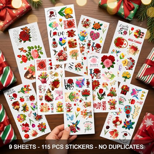 115 PCS Rose and Tulip Stickers Pack - Waterproof Vinyl Decals