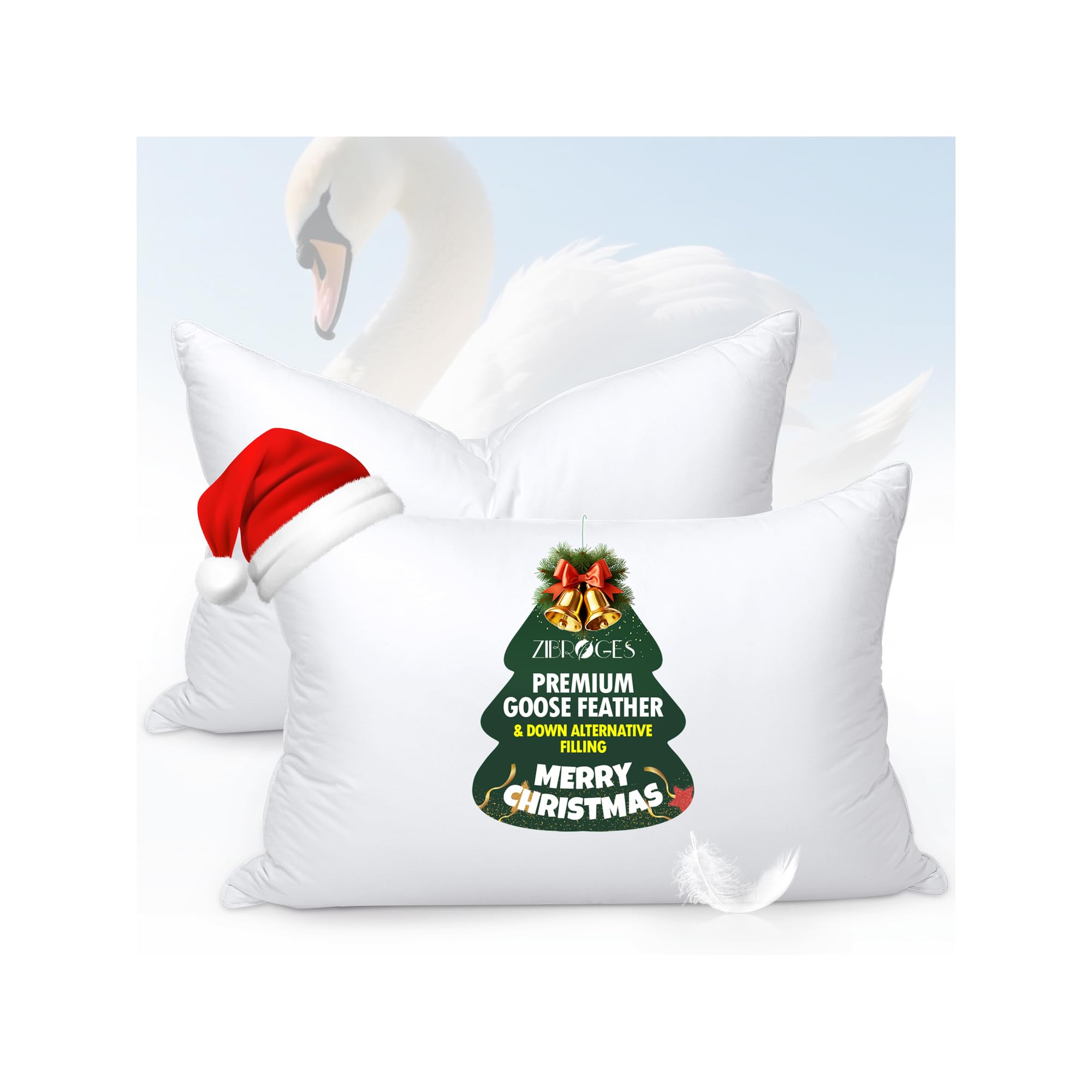 zibroges Goose Feather Pillows Queen Size Pack of 2 - Hotel Down Bed Pillow for Sleeping, Soft 600 Thread Count Cotton Cover, Fluffy Support Surround Fill Polyester for Side, Stomach, Back Sleepers
