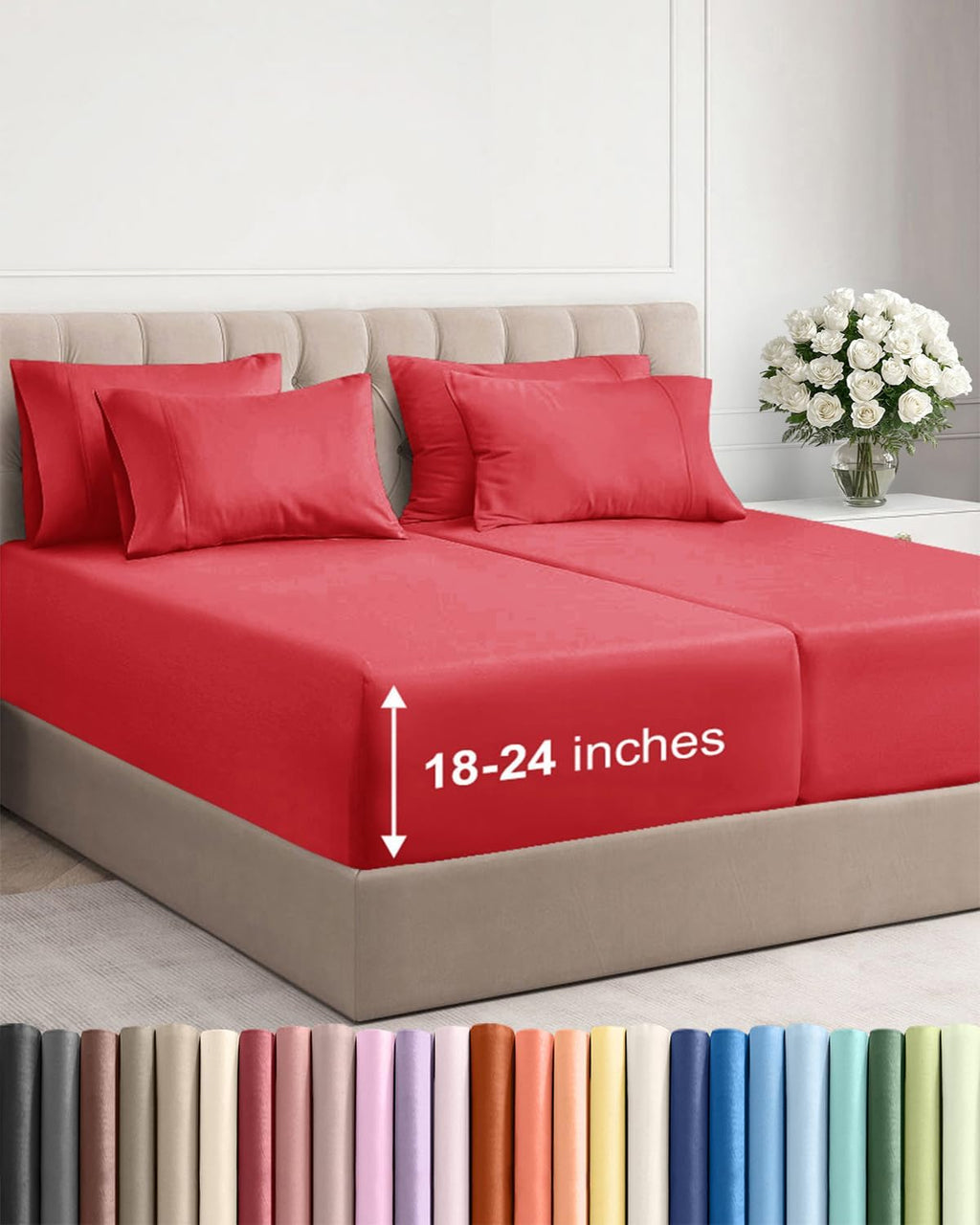 Skiennix Extra Deep Split King Sheet Set - 7 Piece Breathable Cooling Bedding - Soft, Wrinkle-Free Red