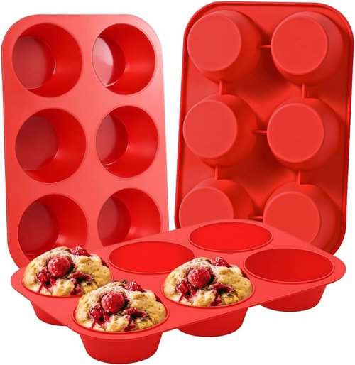 CAKETIME Jumbo Silicone Muffin Pan - 3 Pack Non-Stick 6 Cup 3.5 Inch for Baking Giant Muffins & Cupcakes