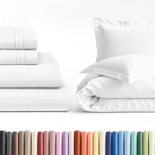 Hotel Luxury Bedding Set by [Brand Name] | 4pc White Sheet Set with Duvet Cover - Queen Size, Breathable & Cooling