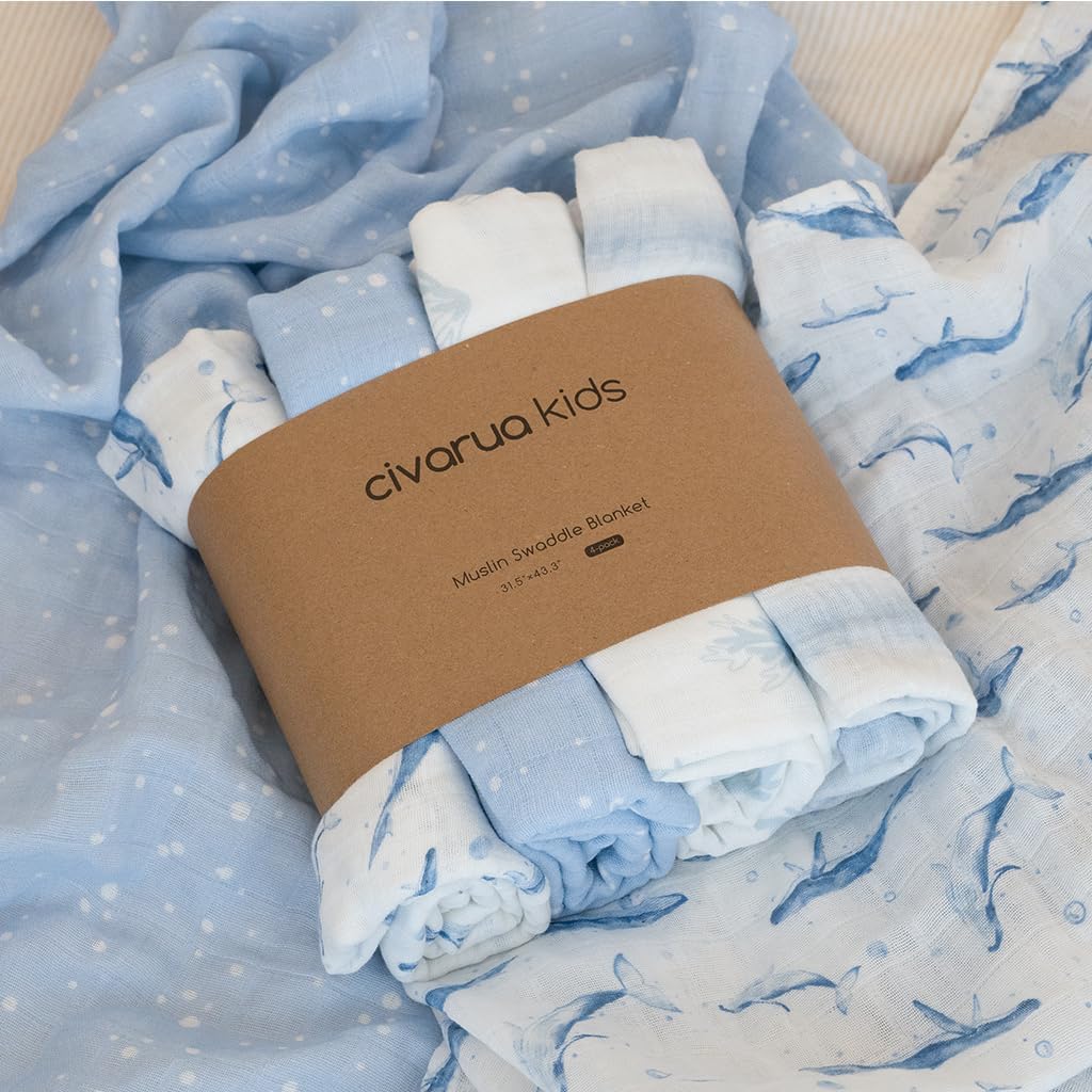 Skiennix Muslin Swaddle Blankets - 4 Pack Cotton Baby Blankets for Newborns | Large 31.5 x 43.3" Soft & Breathable Blue Whale Design
