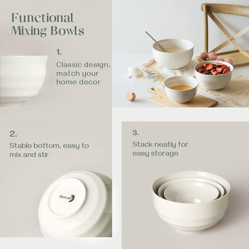DOWAN Ceramic Mixing Bowls Set - Sturdy & Microwave Safe | Large 3.5/1.9/1.2 Qt Nesting Bowls in Creme White