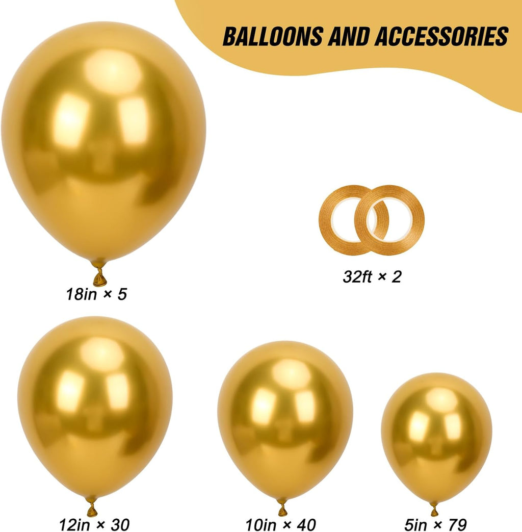 RUBFAC Metallic Gold Balloon Garland Kit - 154pcs in Various Sizes for Birthday, Graduation & Wedding Decor
