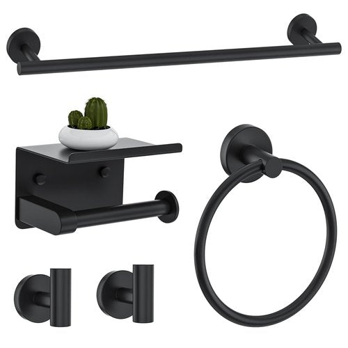Matte Black Bathroom Hardware Accessories Set 5-Piece Towel Bar Set Includes 23.6in Towel Bar Toilet Paper Holder with Shelf,Towel Holder Set for Bathroom Stainless Steel Wall-Mounted