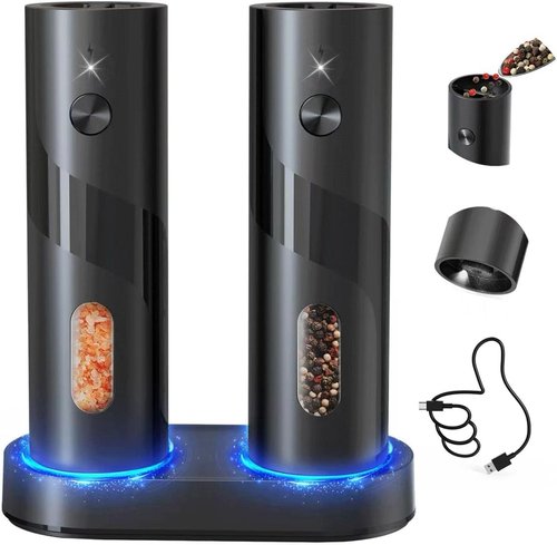 Circle Joy Electric Rechargeable Salt and Pepper Grinder Set - Automatic Mill with Adjustable Coarseness & LED | Easy Fill, Large Capacity