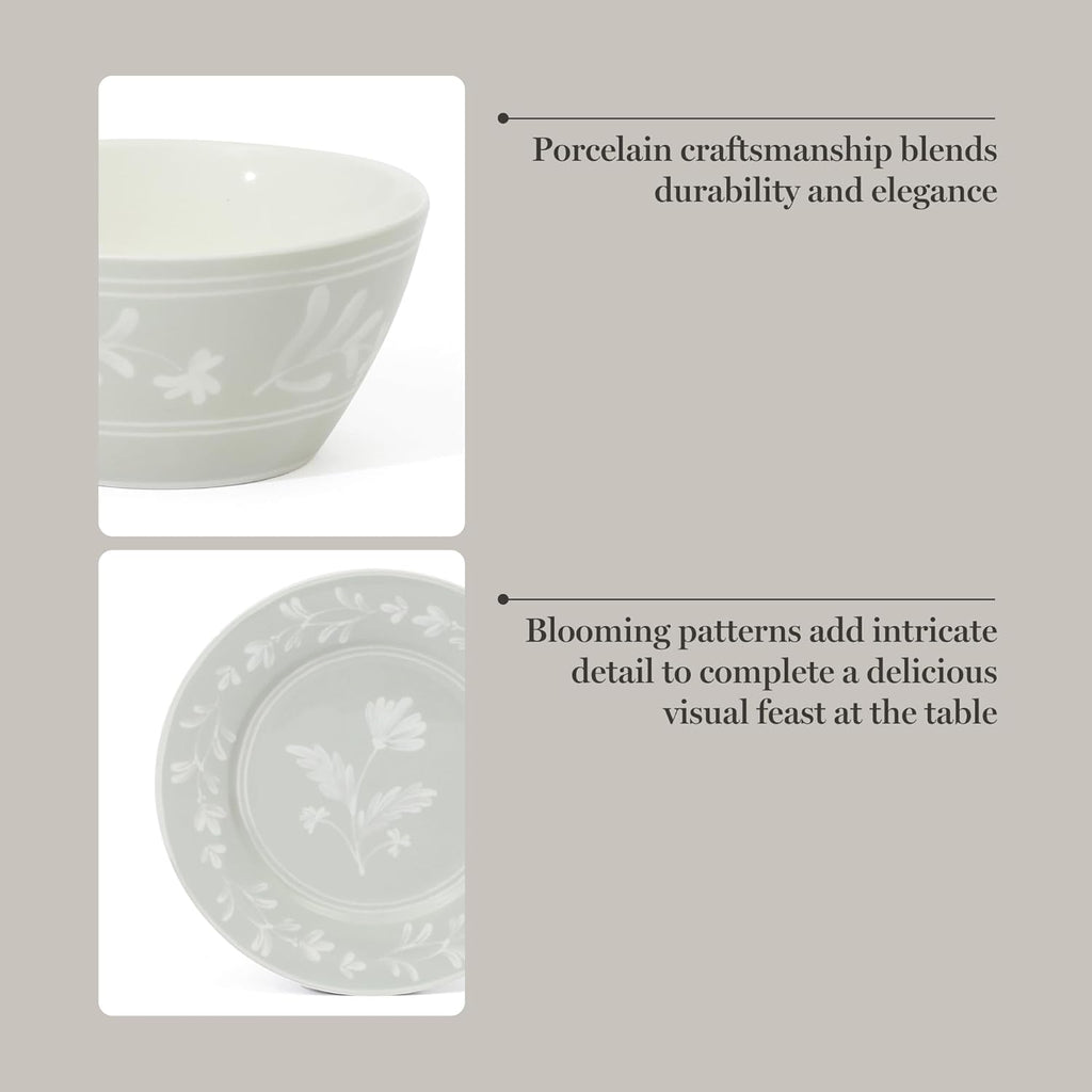Martha Stewart Dinnerware Set - Maiden Crown 12-Piece Floral Dish Set, Sage Green | New Bone China, Service for 4, Microwave & Dishwasher Safe