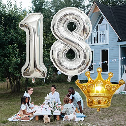 32 Inch Silver Number 18 Foil Balloon with Mini Crown for Birthday Party