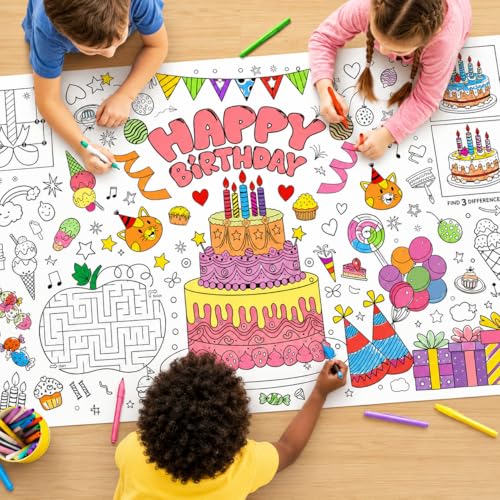 Happy Birthday Giant Coloring Tablecloth - 28x72 Inch Kids Party Poster