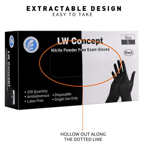 LW Concept Black Medical Nitrile Examination Gloves - Latex & Powder-Free, Disposable, Ultra-Strong, Healthcare, Food Handling Use (Large, Case of 1000)