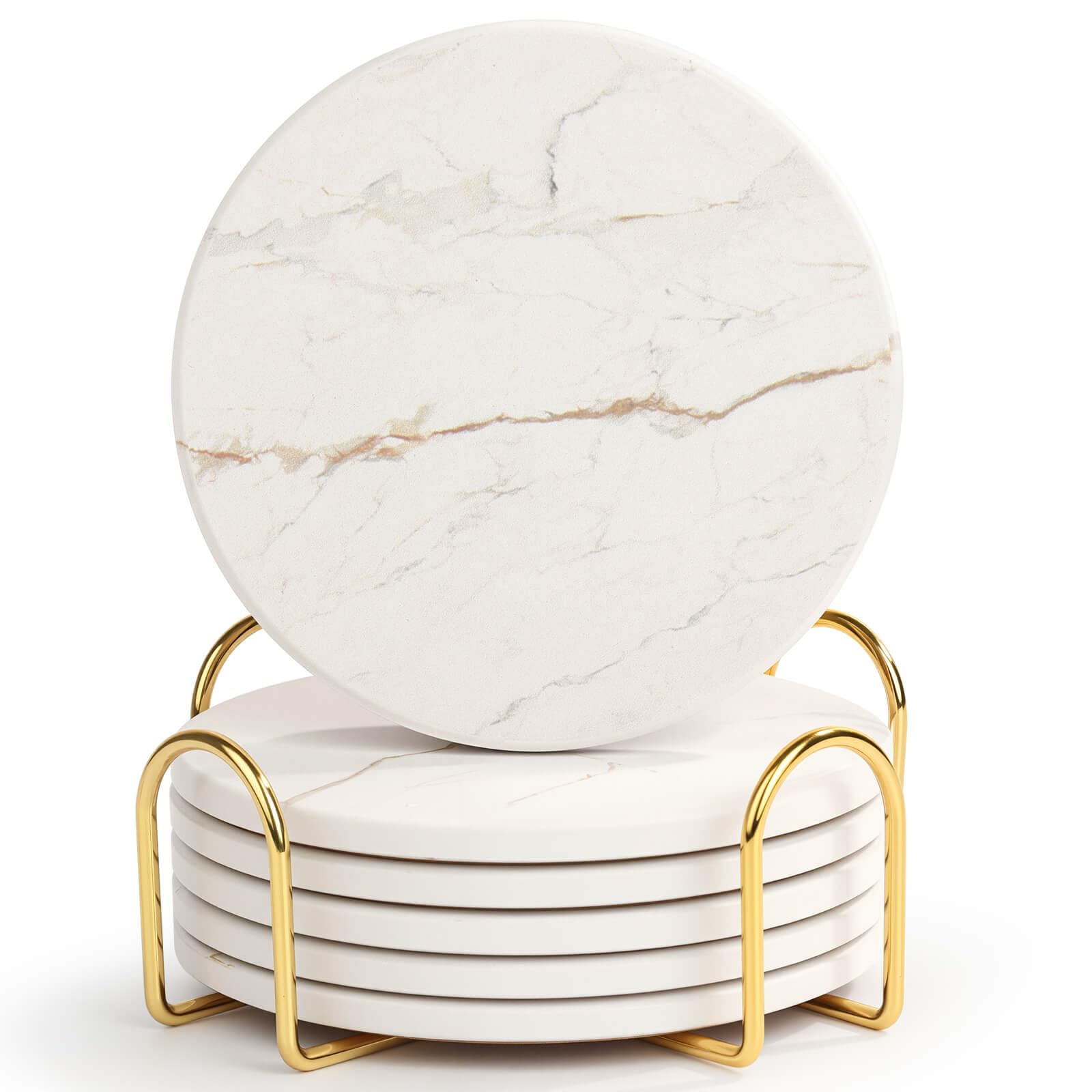 Acejoz Drink Coasters with Holder for Coffee Table, Absorbent Coasters Set of 6, Marble Style Ceramic Coaster for Wooden Table, Suitable for Kinds of Cups, Home Decor, 4 Inches(White)