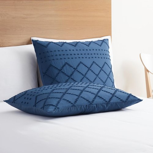Boho Bedding Queen Duvet Cover Set - Navy Textured Tufted 3-Piece 90x90 Inches with Zipper Closure & 2 Pillow Shams