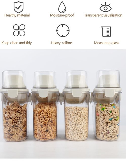 Besmall Small Cereal Containers Storage with Pour Spout and Measuring Cup Food Storage Containers Airtight Plastic Dry Food Dispenser for Flour, Grain, Rice, White, 1.6L / 54oz (4pcs)