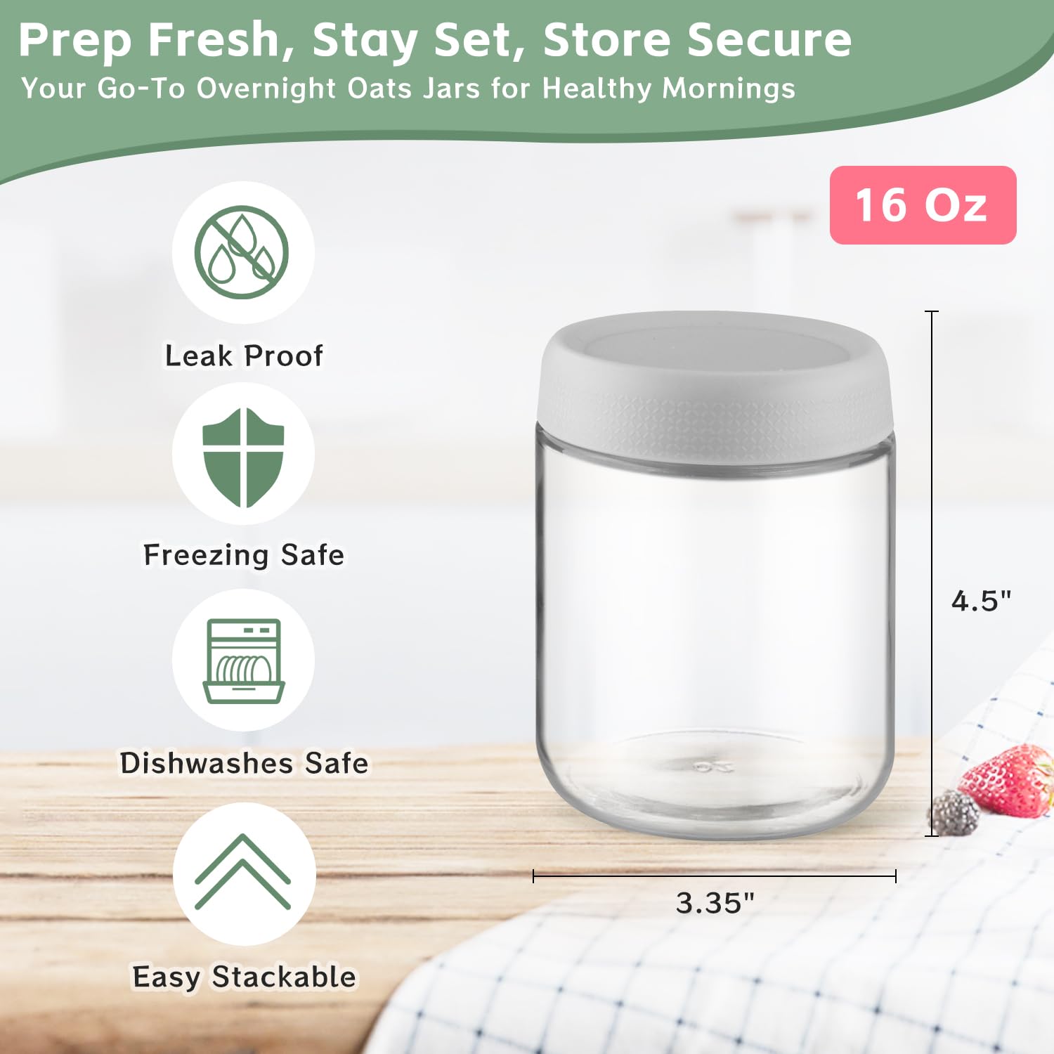 DMuuuDM 2 Pack Glass Overnight Oats Containers with Lids,Stackable Wide Mouth Mason Glass Jars with Airtight Seal Lids,Food Storage Jars for Meal Prep,Yogurt Parfaits,Meal Prep,Pudding,Spices (16 Oz)