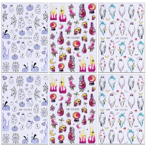 6 Sheets Halloween 3D Self-Adhesive Nail Art Stickers Decals Ghost Pumpkin