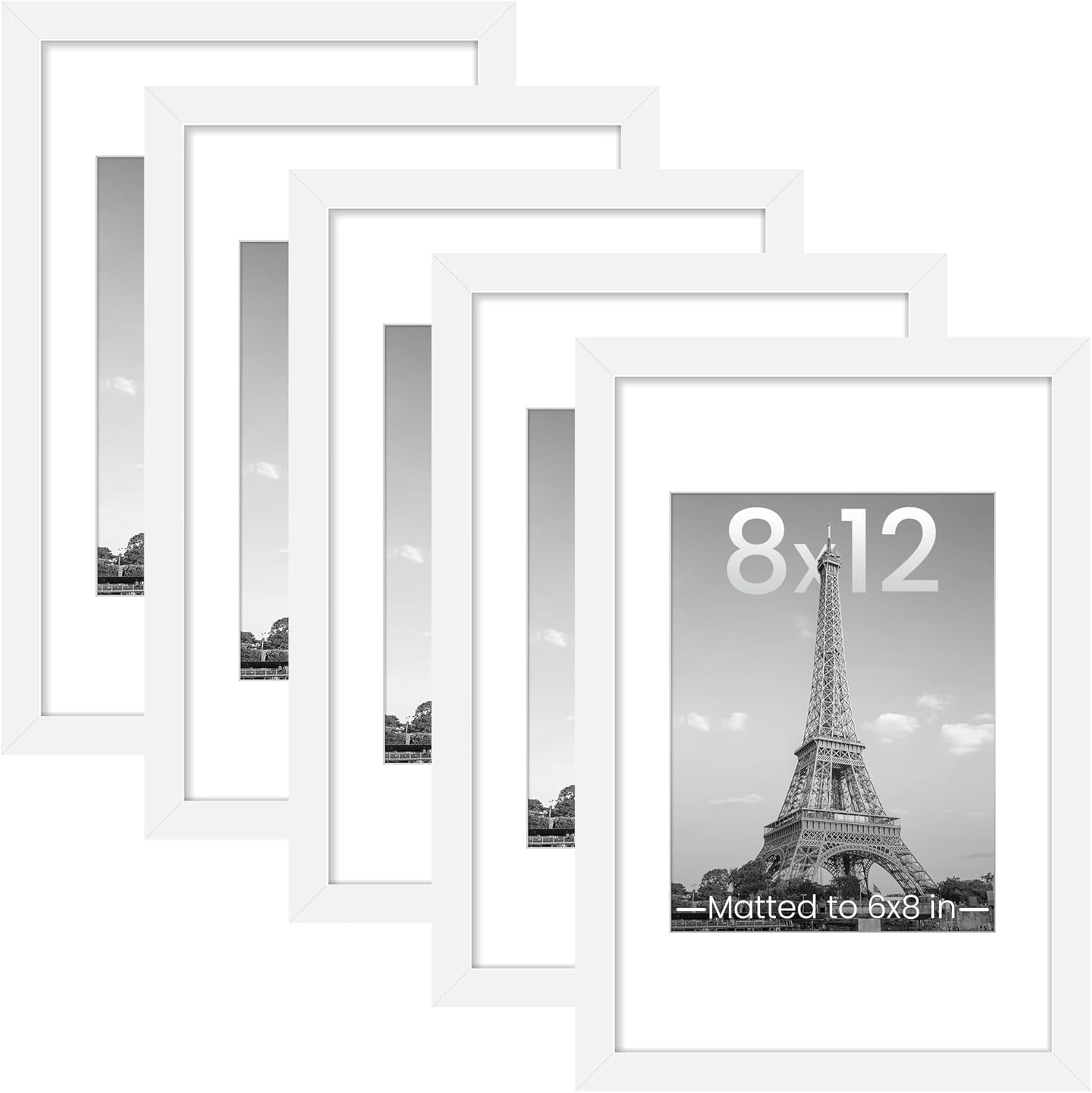 Upsimples 8x12 Picture Frame Set of 5 - Versatile Display for 6x8 Photos with Mat or 8x12 Without - White