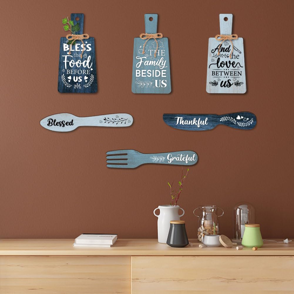 PH PandaHall 6pcs Kitchen Wall Decor Bless Food Sign Set Wall Table Accessories Wooden Pendant Decorations Mini Plaque Fork Spoon Shape Sign Rustic Style Home Dector Blue, 11x5.5 inch/11.8x2 inch