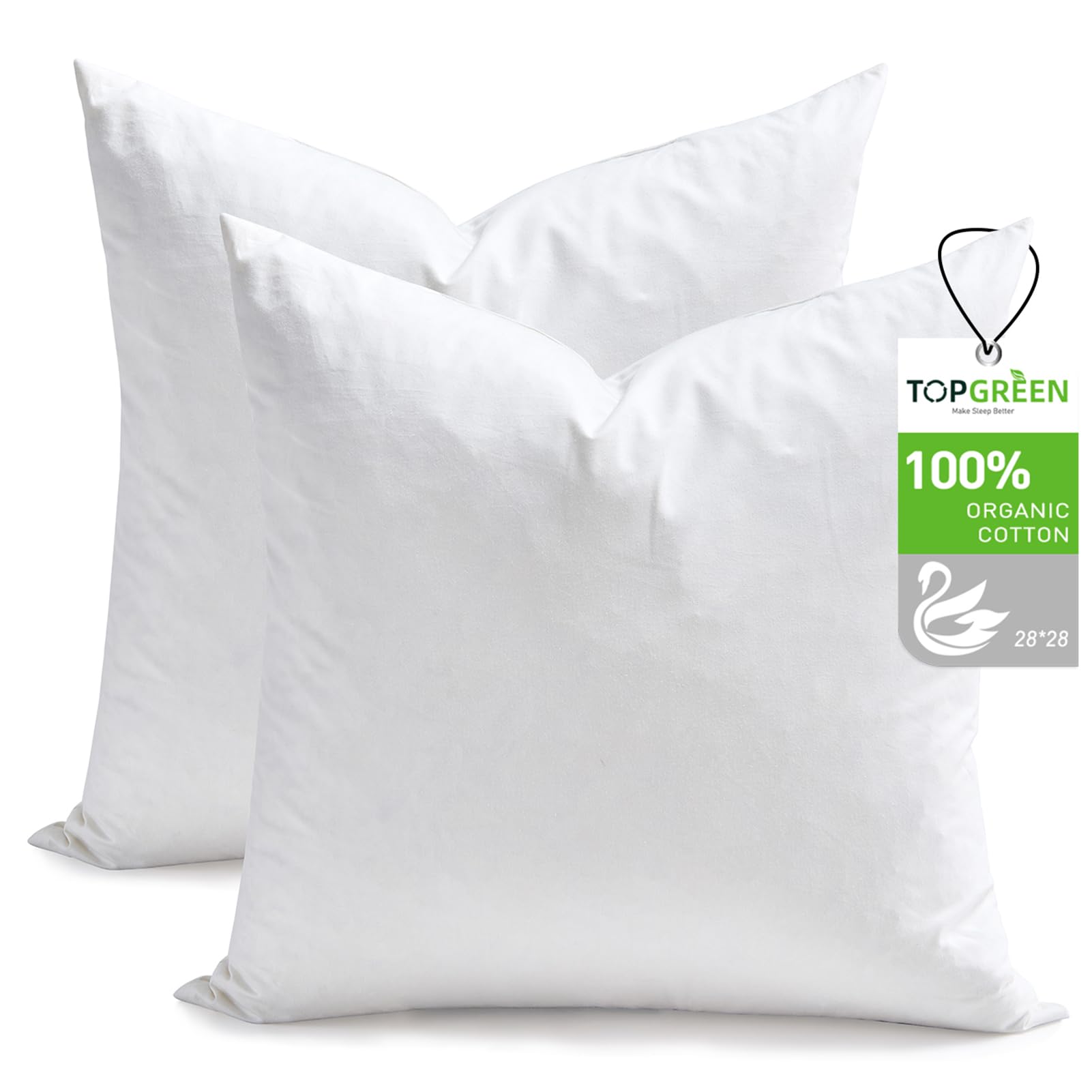 TOPGREEN Feathers Down Throw Pillow Inserts 28x28, Set of 2, 100% Organic Cotton Shell, Soft Decorative Euro Pillow Insert for Living Room Sofa, Couch, or Bed (White)