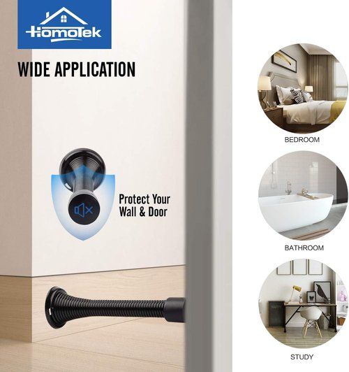 HOMOTEK Heavy Duty Black Spring Door Stops - 12 Pack with Flexible Rubber Bumper Tips | 3-1/8" Size