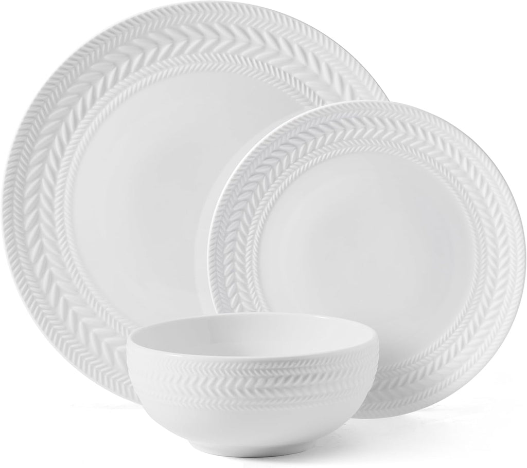 Pfaltzgraff Josephine 24-Piece Dinnerware Set - Elegant Porcelain Dish Set for 8 | Embossed Basket Weave Design, White