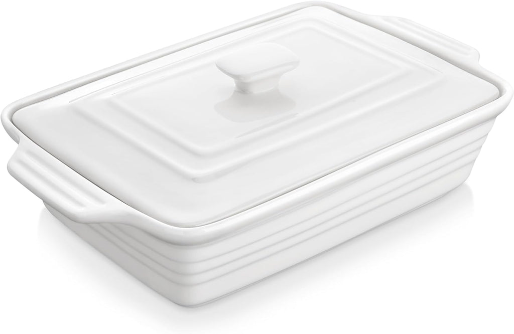 MALACASA Casserole Dish - 4.4 Qt Porcelain Baking Dish with Lid & Handles | Microwave Safe, White