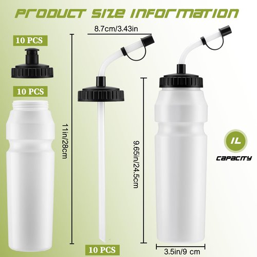 Nuenen 10 Pcs 1 Liter Sports Water Bottle with 2 Lids (Straw and Squeeze),34 oz Squirt Water Bottle with Pull Top Cap for Adults Hockey, football, Lacrosse & Boxing