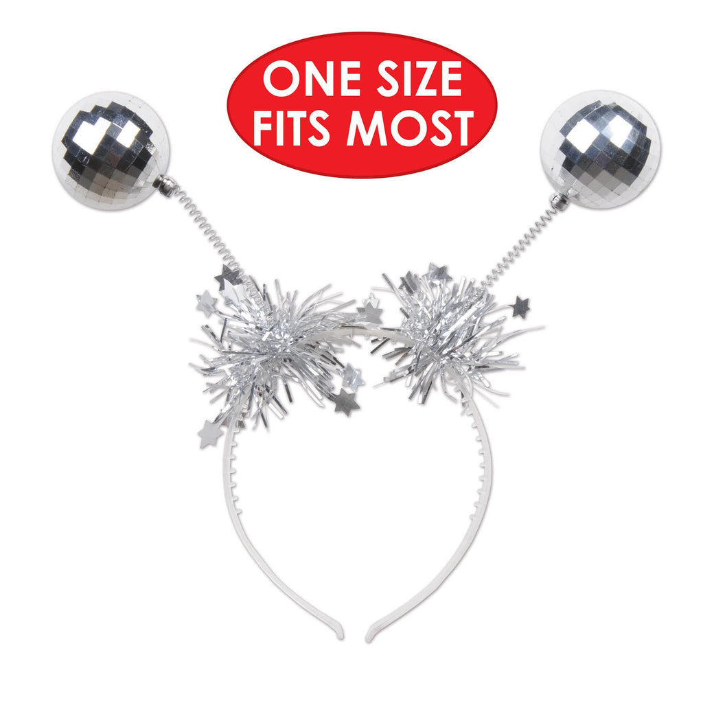Beistle Silver Disco Ball Boppers – 3 Metallic Headband Accessories with Silver Ball Accents and Tinsel Garland, NYE Headwear for Retro Dance Parties, 1970’s Themed Decade Celebrations, Adult Size