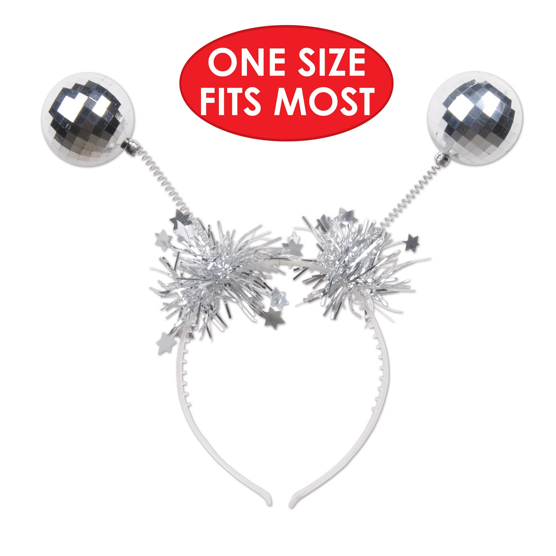 Beistle Silver Disco Ball Boppers – 3 Metallic Headband Accessories with Silver Ball Accents and Tinsel Garland, NYE Headwear for Retro Dance Parties, 1970’s Themed Decade Celebrations, Adult Size