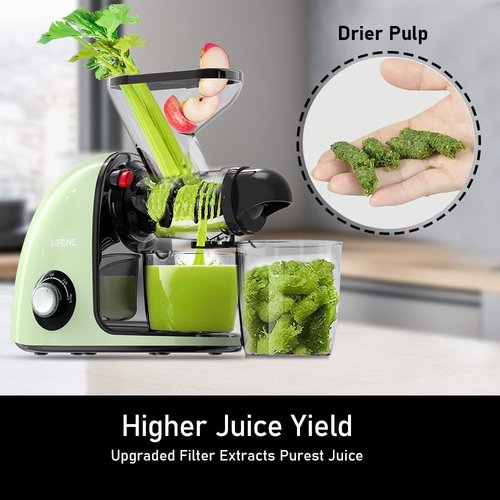 SIFENE Cold Press Juicer Machine, 2nd Gen Whole Fruit Slow Masticating Juicer with Dual Mouth for Celery & Ginger, High Yield Juice Extractor, Anti-Clog Reverse Function, Quiet Motor, Green