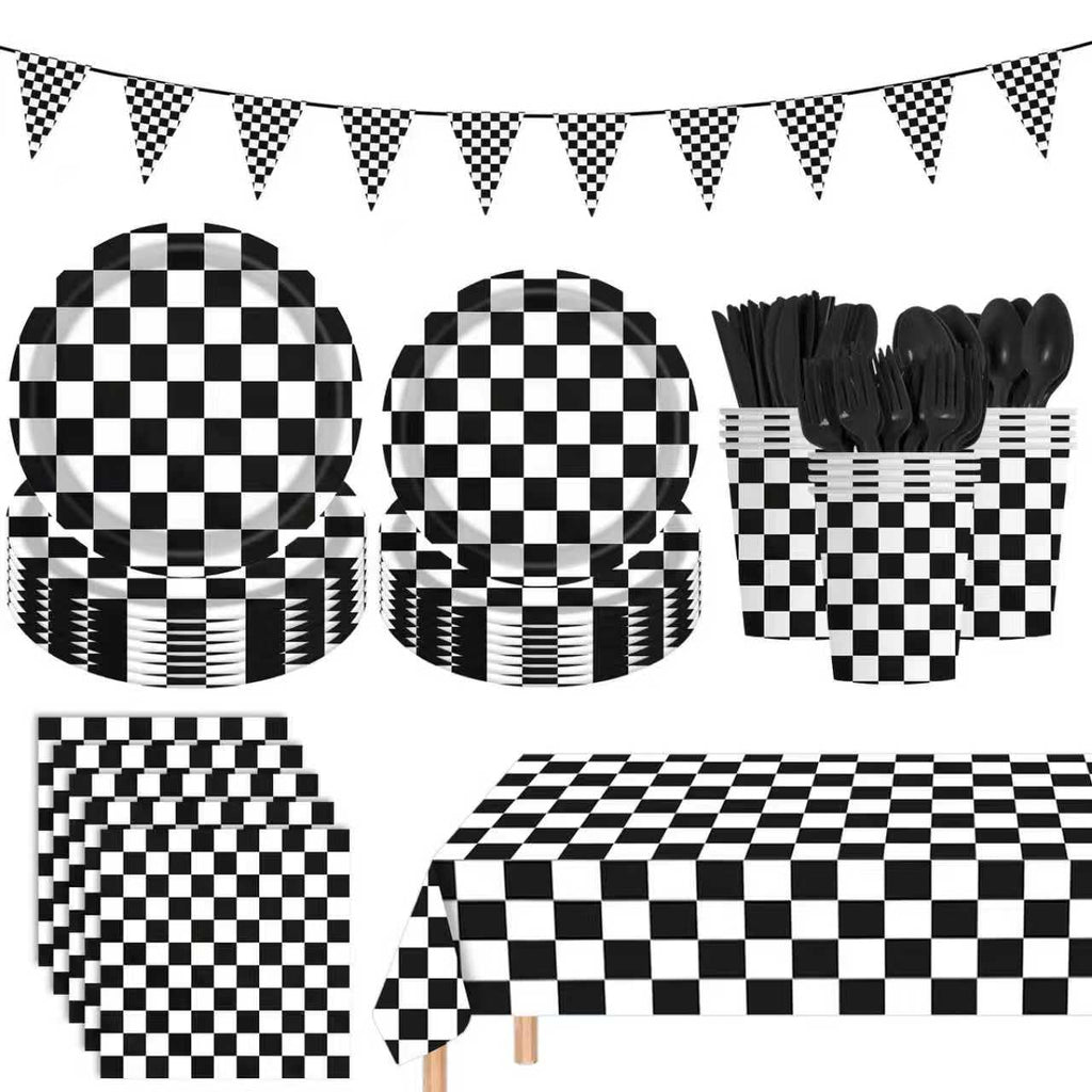 170 Pcs Race Car Birthday Party Decorations Black and White Checkered Plates and Napkins, Checkered Party Supplies Serves 24