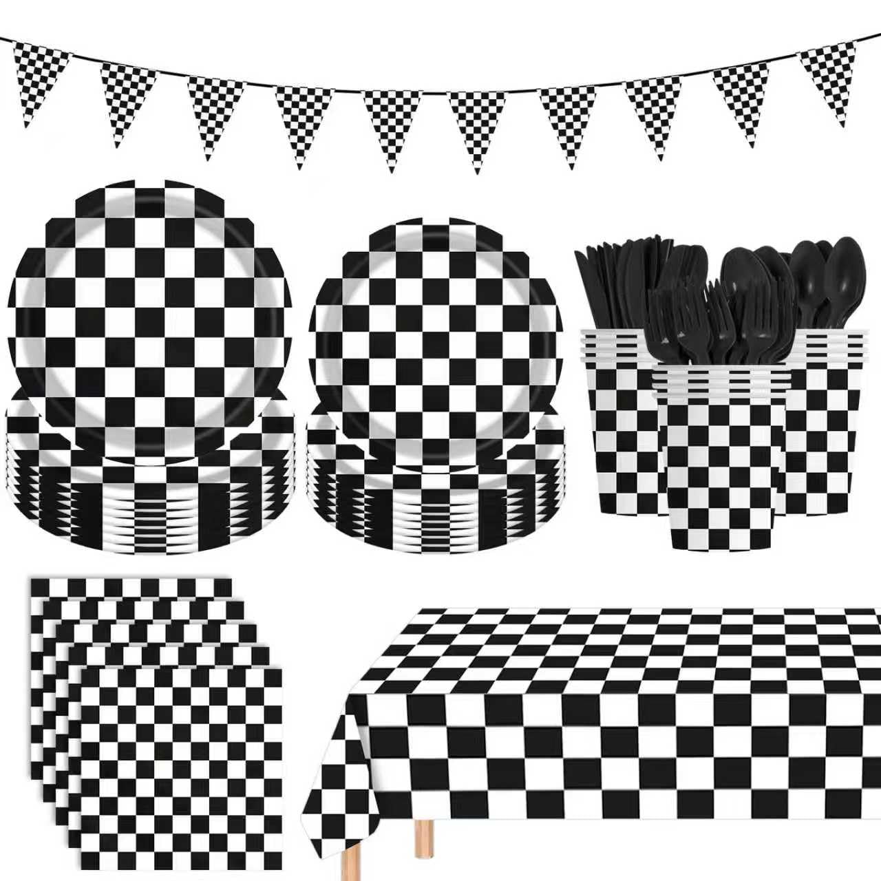 170 Pcs Race Car Birthday Party Decorations Black and White Checkered Plates and Napkins, Checkered Party Supplies Serves 24