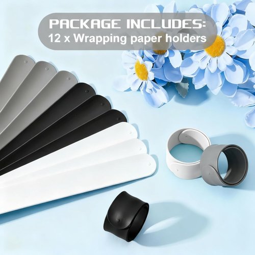Charniol Wrapping Paper Roll Holder - 12-Piece Silicone Covered Metal Strips | 1 x 9 Inch Stabilizer (Black, White, Gray)