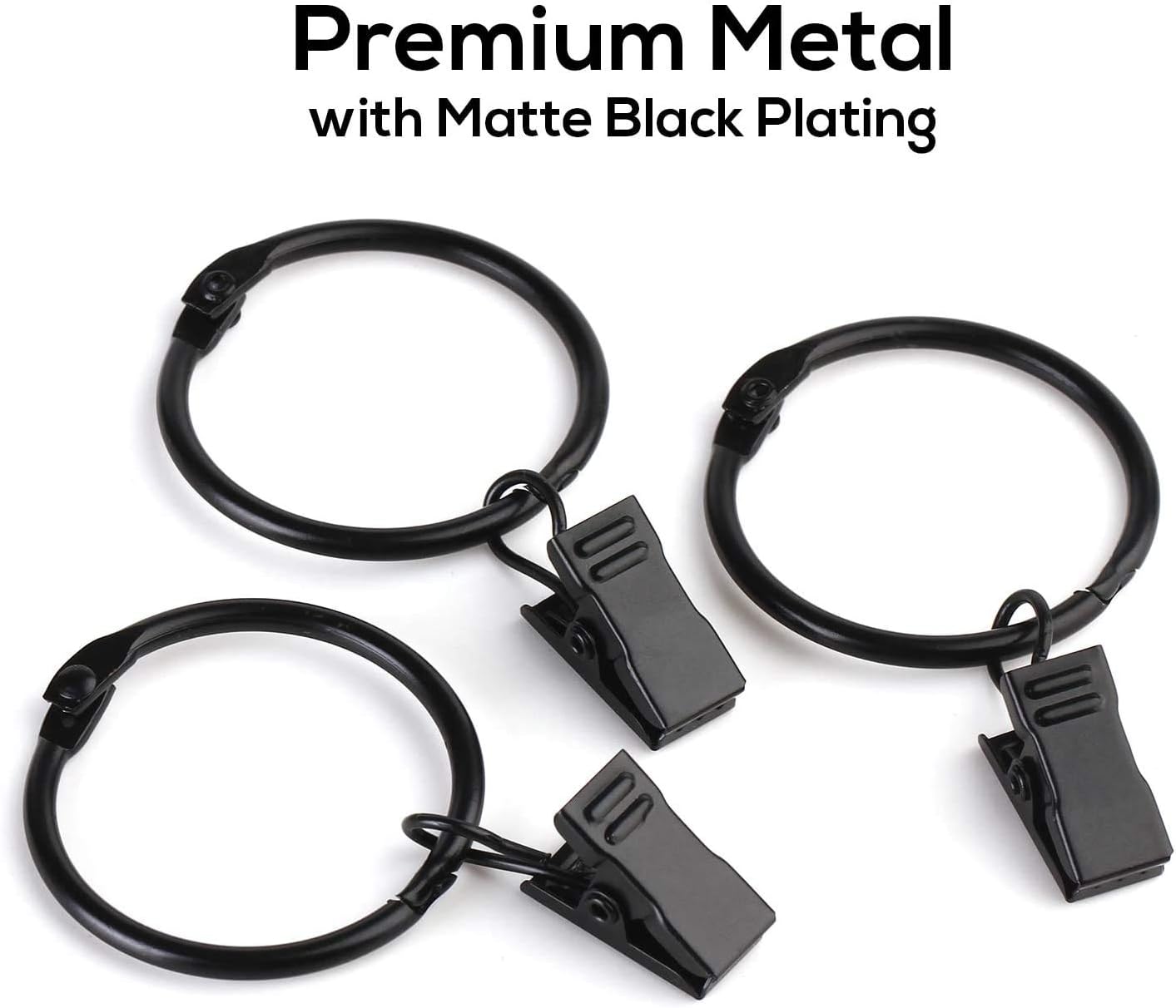 SPLF Metal Curtain Rings - Heavy Duty Rustproof Clips for Drapery | 36 Pack, 1.22 Inch Diameter, Black