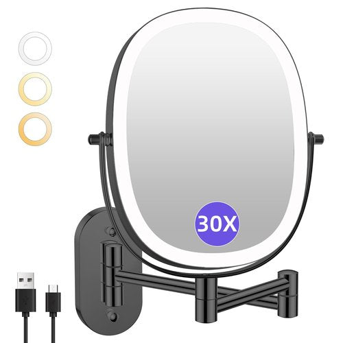 FUNTOUCH 30X/1X Wall Mounted Lighted Makeup Mirror, 5000mAh Rechargeable Oval Double Sided Touch Switch Magnifying Mirror with Light, 3 Color Setting, Extended Arm 360°Swivel Foldable,Black
