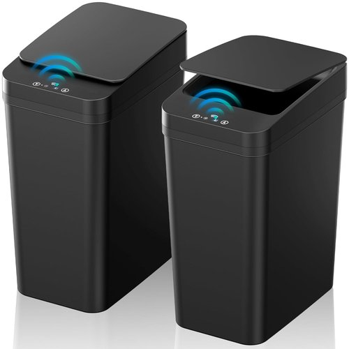 KOEYLE Touchless Bathroom Trash Can - 2 Pack 2.2 Gallon Slim Motion Sensor Bins | Waterproof Black