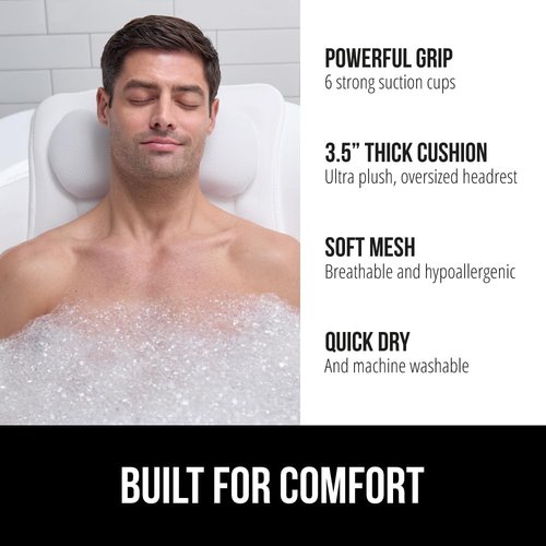 GORILLA GRIP Bath Pillow - 4D Mesh FlexComfort Headrest with 6 Suction Cups | Luxury Machine Washable, White