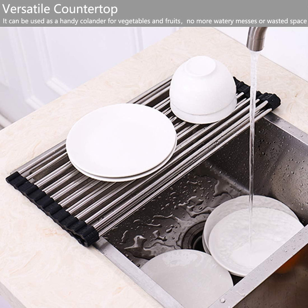Skiennix Over The Sink Dish Drying Rack - 304 Stainless Steel, Foldable & Easy To Store | 17.7" x 16" - Black