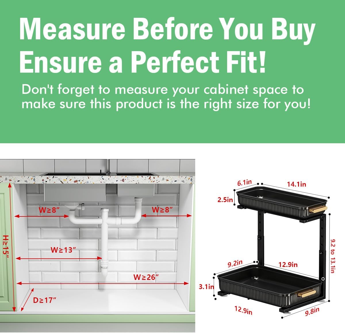 ARSTPEOE Under Sink Organizer - Multi-Purpose Pull-Out Storage Shelves | 2 Packs, Black for Kitchen & Bathroom