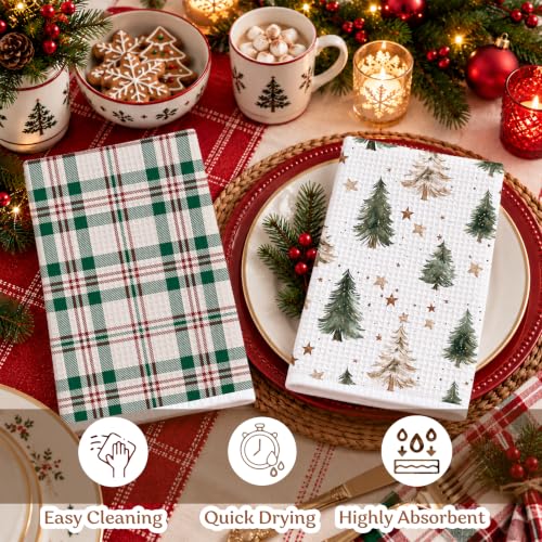 Retro Tree Snowman Hand Towels - Buffalo Plaid Christmas Kitchen Towels - Set of 2