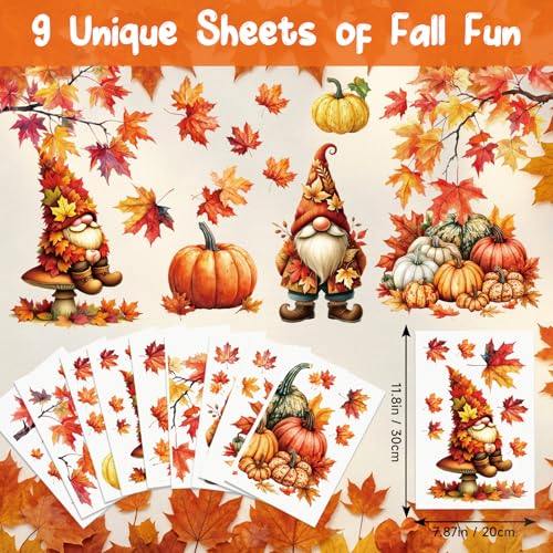 Fall Window Clings with Gnomes & Leaves - 9 Sheets Autumn Decor