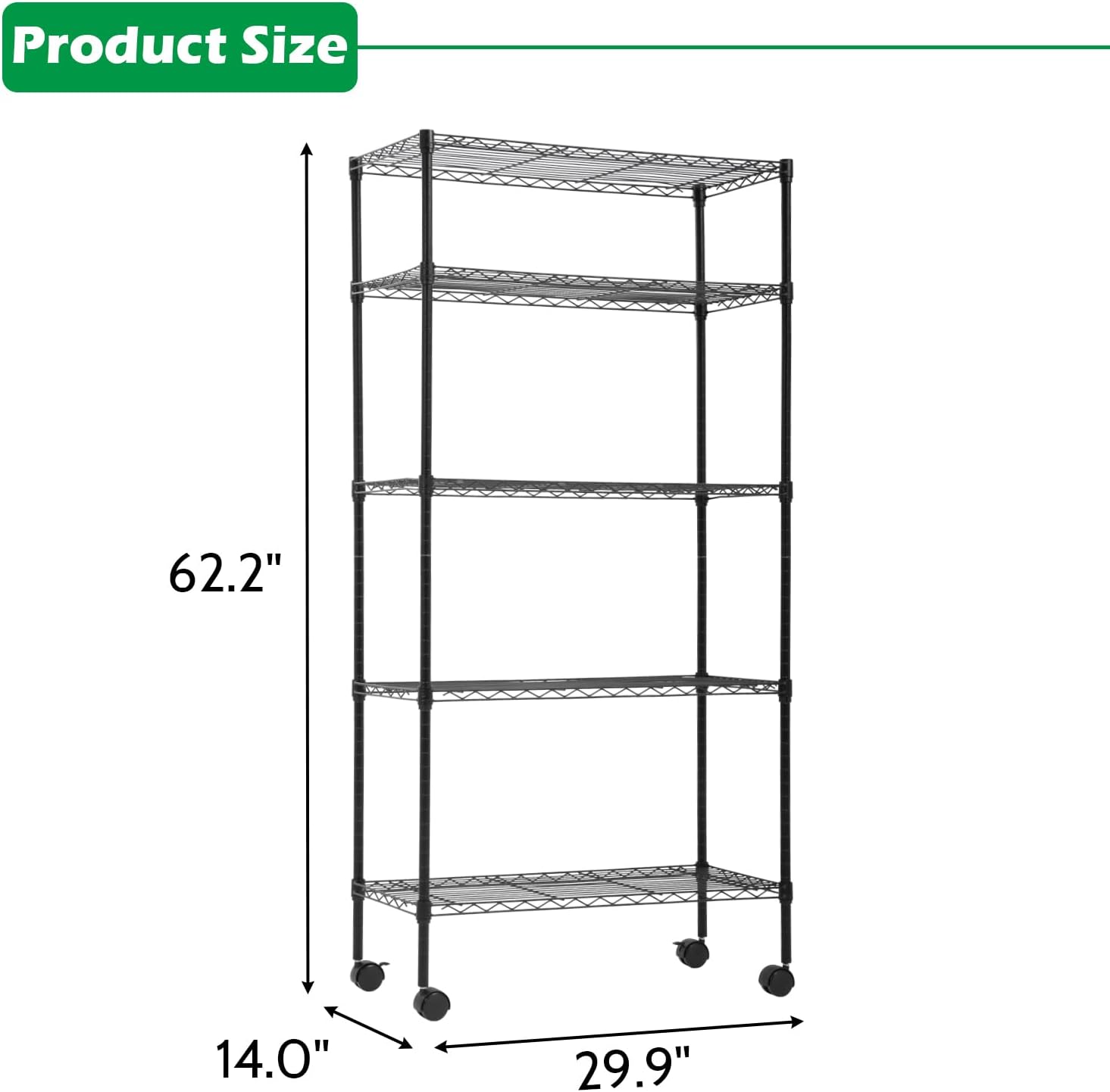 PayLessHere 5-Tier Wire Shelf with Wheels - Adjustable Heavy-Duty Storage Rack | 14"x30"x60" | Black, Rust-Resistant, Easy Assembly