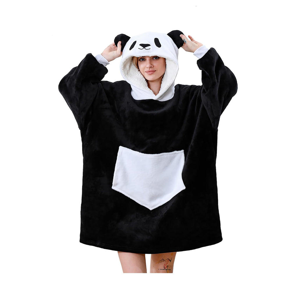 C hello cloud Oversized Hoodie Blanket, Wearable Blanket sweatshirt, Ultra Soft Sherpa Fleece Comfy Snuggle Hoodie, Comfy Snuggle Pullover for Women Men, Black White Panda